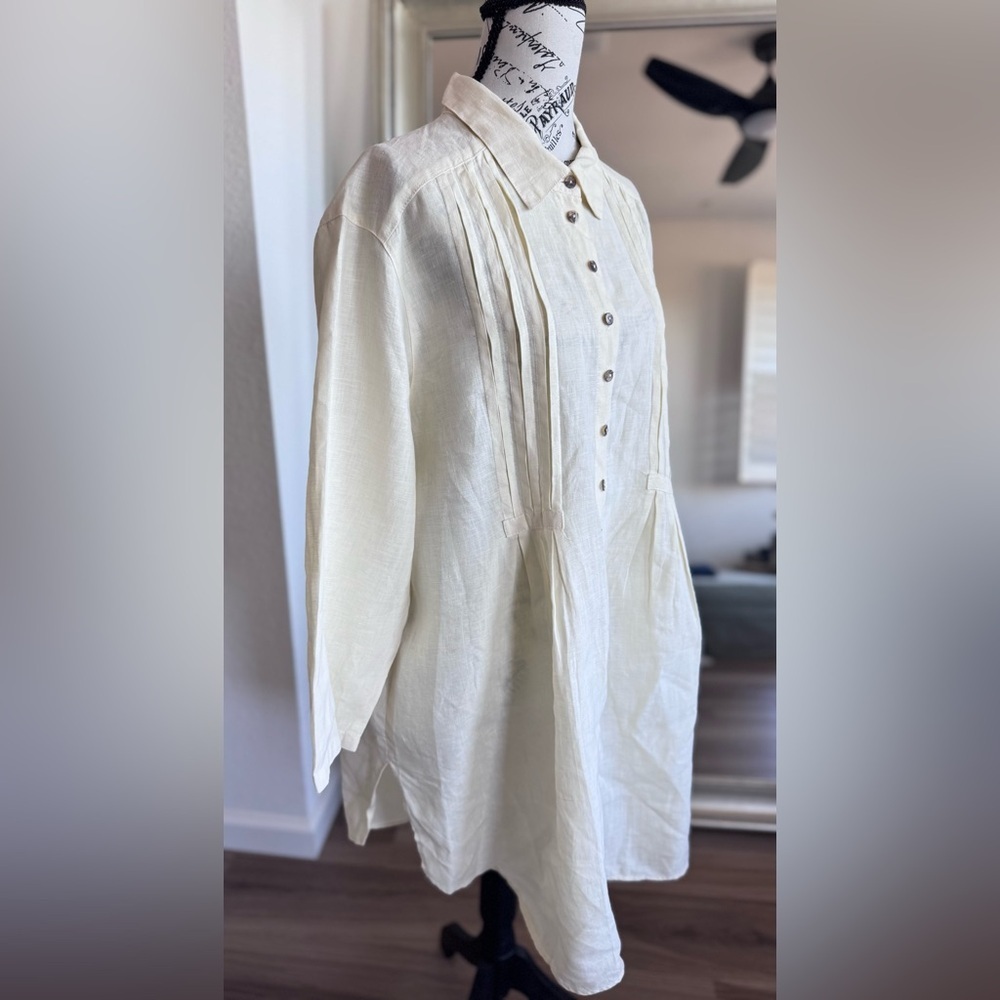 Click Color Me Cotton Beige Cream Linen Pin Tuck Peasant Shirt Dress Size 2XL - Picture 5 of 11